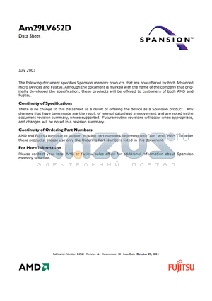 AM29LV652D datasheet - 128 Megabit (16 M x 8-Bit) CMOS 3.0 Volt-only Uniform Sector Flash Memory with VersatileIO Control