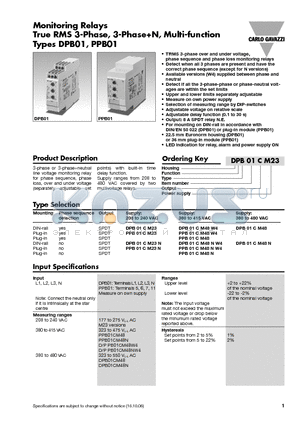 DPB01CM23N datasheet - Monitoring Relays True RMS 3-Phase, 3-PhaseN, Multi-function