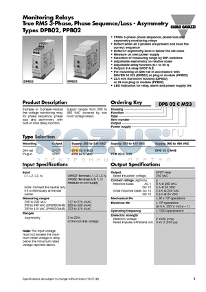 DPB02CM23 datasheet - Monitoring Relays True RMS 3-Phase, Phase Sequence/Loss - Asymmetry