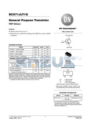 BCX71JLT1G datasheet - General Purpose Transistor PNP Silicon