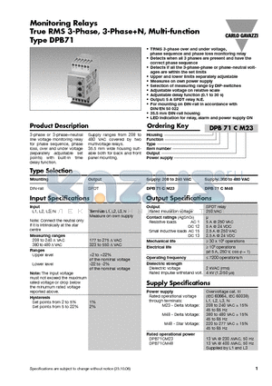 DPB71CM48 datasheet - Monitoring Relays True RMS 3-Phase, 3-PhaseN, Multi-function