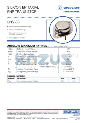 2N5883 datasheet - SILICON EPITAXIAL PNP TRANSISTOR