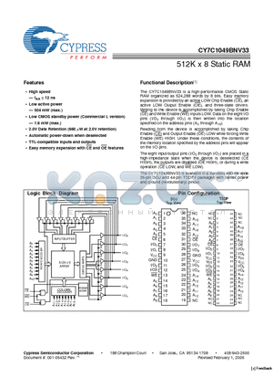 CY7C1049BNV33-20VC datasheet - 512K x 8 Static RAM