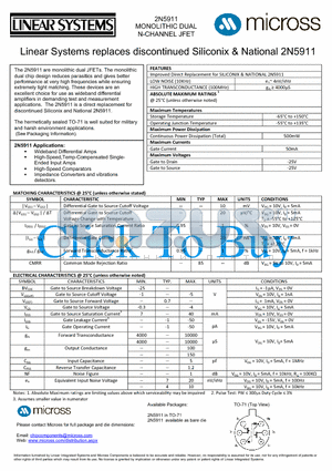 2N5911_TO-71 datasheet - MONOLITHIC DUAL N-CHANNEL JFET