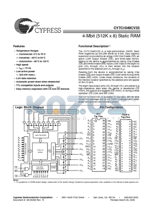 CY7C1049CV33-10ZI datasheet - 4-Mbit (512K x 8) Static RAM