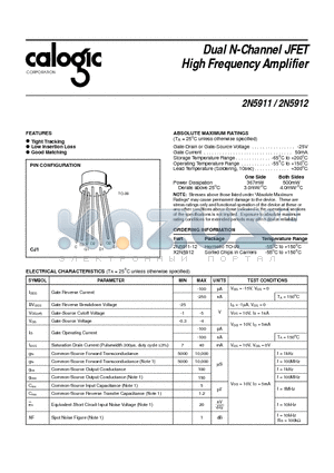 2N5911 datasheet - Dual N-Channel JFET High Frequency Amplifier