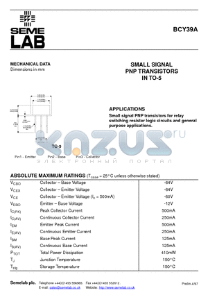 BCY39A datasheet - SMALL SIGNAL PNP TRANSISTORS IN TO-5
