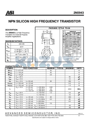 2N5943 datasheet - NPN SILICON HIGH FREQUENCY TRANSISTOR