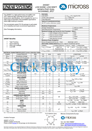 2N5907_TO-78 datasheet - LOW NOISE, LOW DRIFT MONOLITHIC DUAL N-CHANNEL JFET