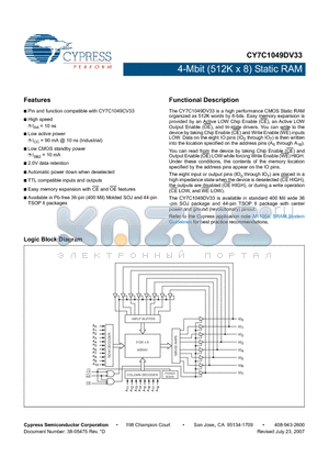 CY7C1049DV33-10VXI datasheet - 4-Mbit (512K x 8) Static RAM