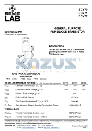 BCY70 datasheet - GENERAL PURPOSE PNP SILICON TRANSISTOR