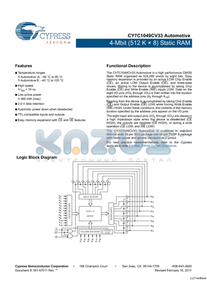 CY7C1049CV33AUTO datasheet - 4-Mbit (512 K  8) Static RAM TTL-compatible inputs and outputs