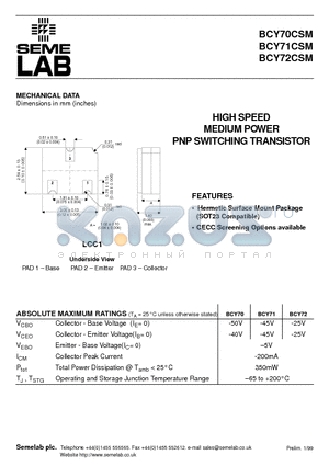 BCY70CSM datasheet - HIGH SPEED MEDIUM POWER PNP SWITCHING TRANSISTOR