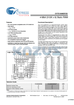 CY7C1049DV33-12ZSXE datasheet - 4-Mbit (512K x 8) Static RAM