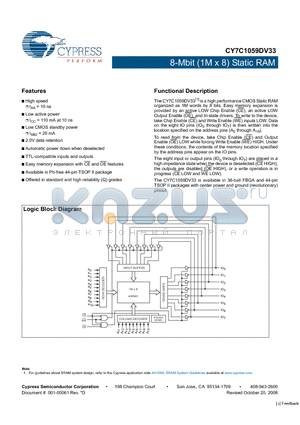 CY7C1059DV33-12ZSXI datasheet - 8-Mbit (1M x 8) Static RAM