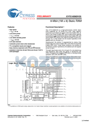 CY7C1059DV33-10ZSXI datasheet - 8-Mbit (1M x 8) Static RAM