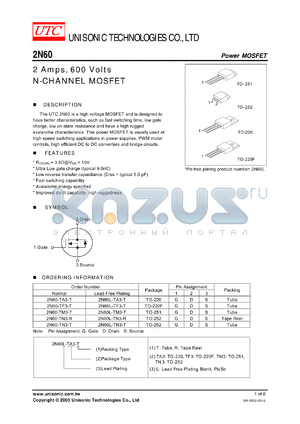 2N60-TA3-R datasheet - 2 Amps, 600 Volts N-CHANNEL MOSFET