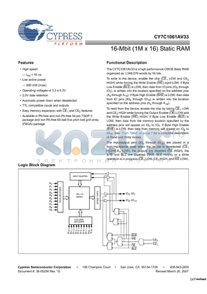 CY7C1061AV33-10ZI datasheet - 16-Mbit (1M x 16) Static RAM