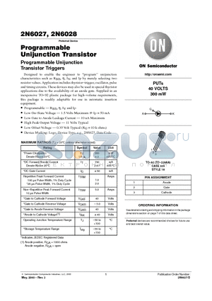 2N6027RL1 datasheet - Programmable Unijunction Transistor