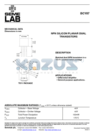 BCY87 datasheet - NPN SILICON PLANAR DUAL TRANSISTORS