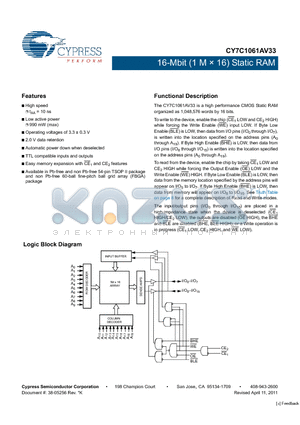 CY7C1061AV33-10ZXC datasheet - 16-Mbit (1 M  16) Static RAM