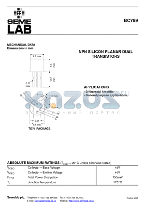 BCY89 datasheet - NPN SILICON PLANAR DUAL TRANSISTORS