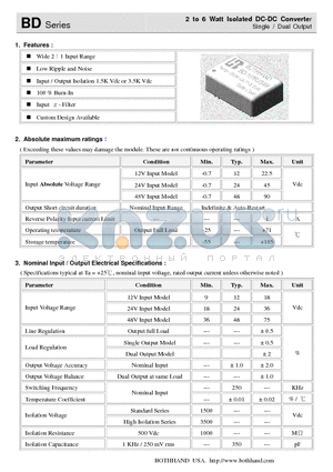 BD-123R3D4 datasheet - 2 to 6 Watt Isolated DC-DC Converter Single / Dual Output