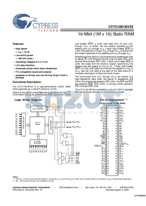 CY7C1061BV33-10ZI datasheet - 16-Mbit (1M x 16) Static RAM