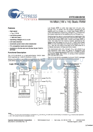 CY7C1061BV33-12ZC datasheet - 16-Mbit (1M x 16) Static RAM