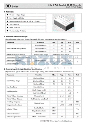 BD-2412D6 datasheet - 2 to 6 Watt Isolated DC-DC Converter Single / Dual Output
