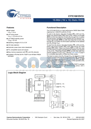 CY7C1061DV33-10ZSXI datasheet - 16-Mbit (1M x 16) Static RAM