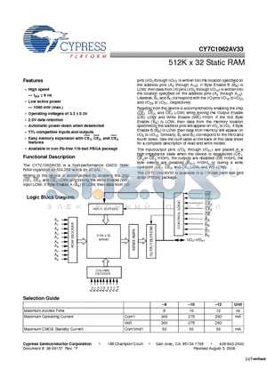 CY7C1062AV33-10BGI datasheet - 512K x 32 Static RAM
