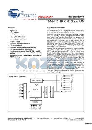 CY7C1062DV33 datasheet - 16-Mbit (512K X 32) Static RAM