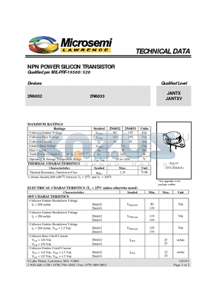 2N6033 datasheet - NPN POWER SILICON TRANSISTOR