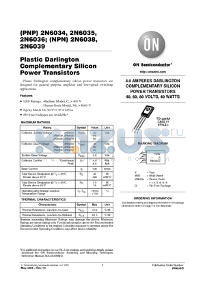 2N6034 datasheet - Plastic Darlington Complementary Silicon Power Transistors