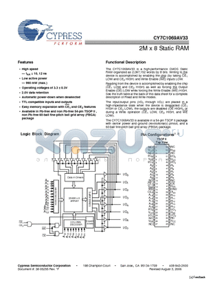 CY7C1069AV33 datasheet - 2M x 8 Static RAM