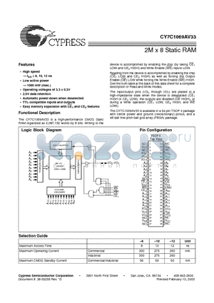 CY7C1069AV33-10BAC datasheet - 2M x 8 Static RAM