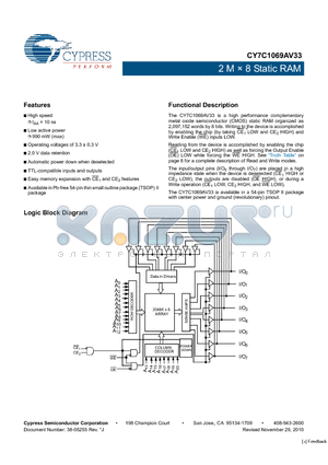 CY7C1069AV33-10ZXC datasheet - 2 M  8 Static RAM