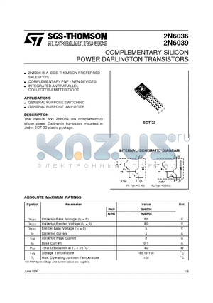 2N6039 datasheet - COMPLEMENTARY SILICON POWER DARLINGTON TRANSISTORS