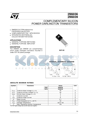 2N6039 datasheet - COMPLEMENTARY SILICON POWER DARLINGTON TRANSISTORS