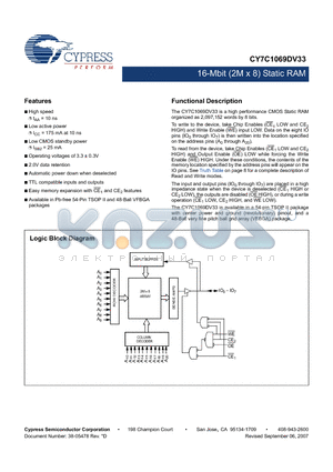 CY7C1069DV33-10ZSXI datasheet - 16-Mbit (2M x 8) Static RAM