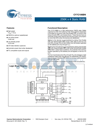 CY7C106BN datasheet - 256K x 4 Static RAM