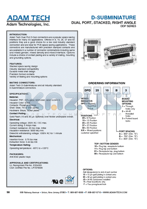 DPD0900A2 datasheet - D-SUBMINIATURE DUAL PORT, STACKED, RIGHT ANGLE