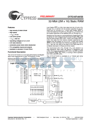 CY7C1071AV33-12BBI datasheet - 32-Mbit (2M x 16) Static RAM