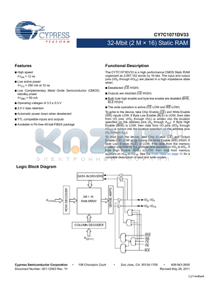 CY7C1071DV33 datasheet - 32-Mbit (2 M x 16) Static RAM TTL compatible inputs and outputs