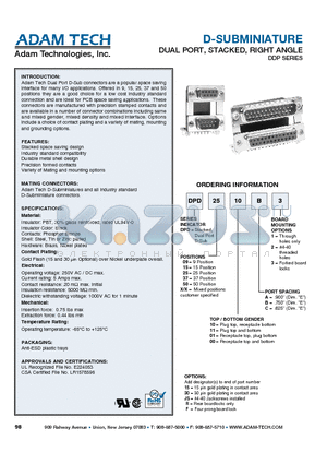 DPD0910B1 datasheet - D-SUBMINIATURE DUAL PORT, STACKED, RIGHT ANGLE