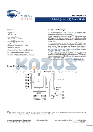 CY7C1079DV33 datasheet - 32-Mbit (4 M x 8) Static RAM TTL Compatible Inputs and Outputs