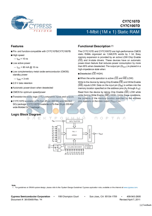 CY7C107D-10VXI datasheet - 1-Mbit (1M x 1) Static RAM Low active power