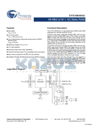 CY7C1081DV33-12BAXI datasheet - 64-Mbit (4 M x 16) Static RAM