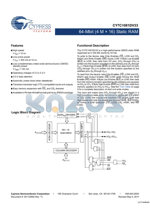 CY7C1081DV33_1105 datasheet - 64-Mbit (4 M x 16) Static RAM 2.0-V data retention